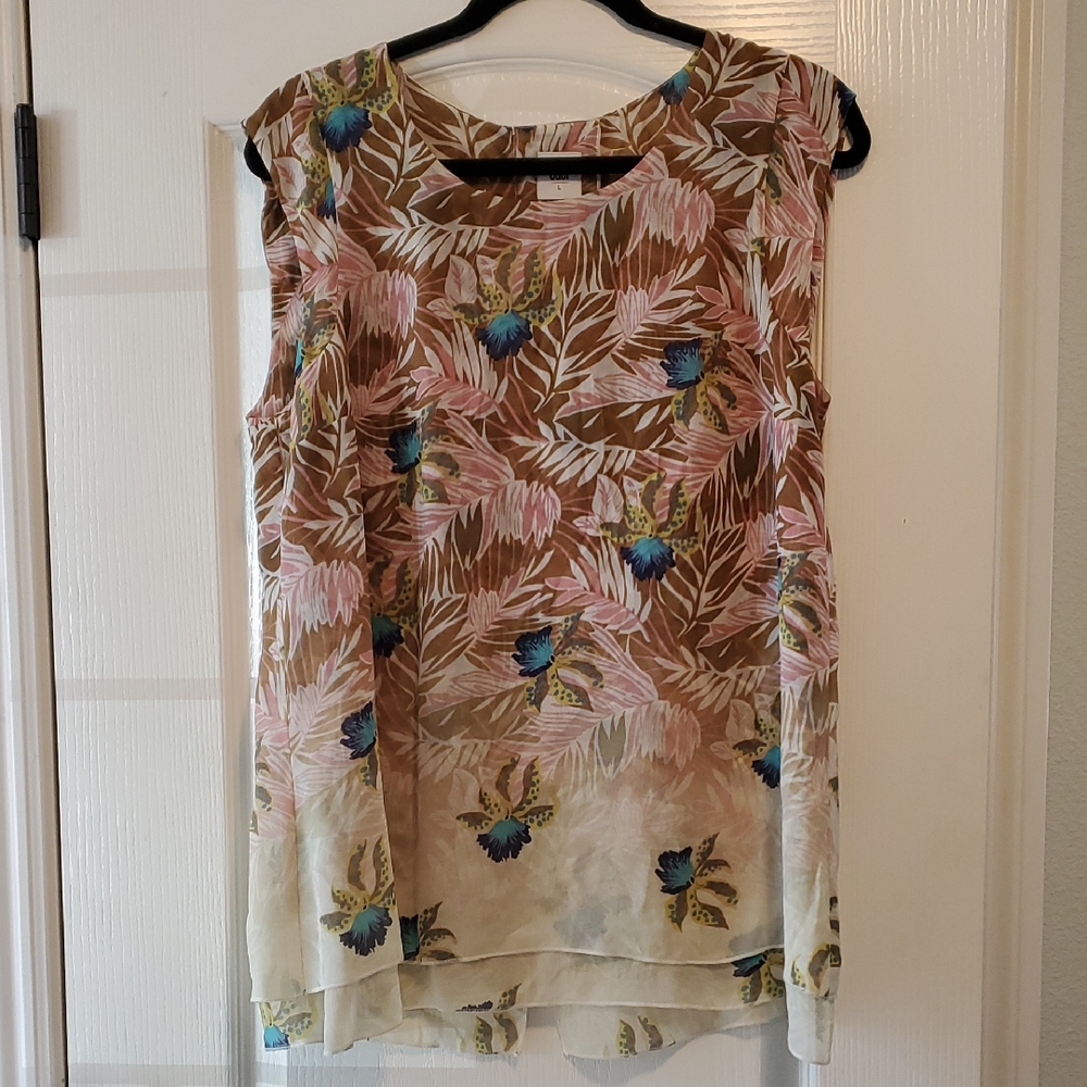 CAbi Pink and Brown Leaf Print Top